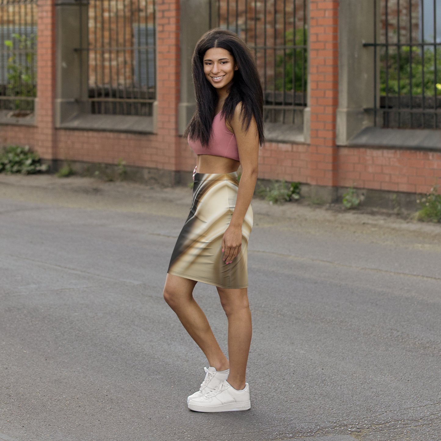 Leather Print Mid-Waist Pencil Skirt Satin Finish