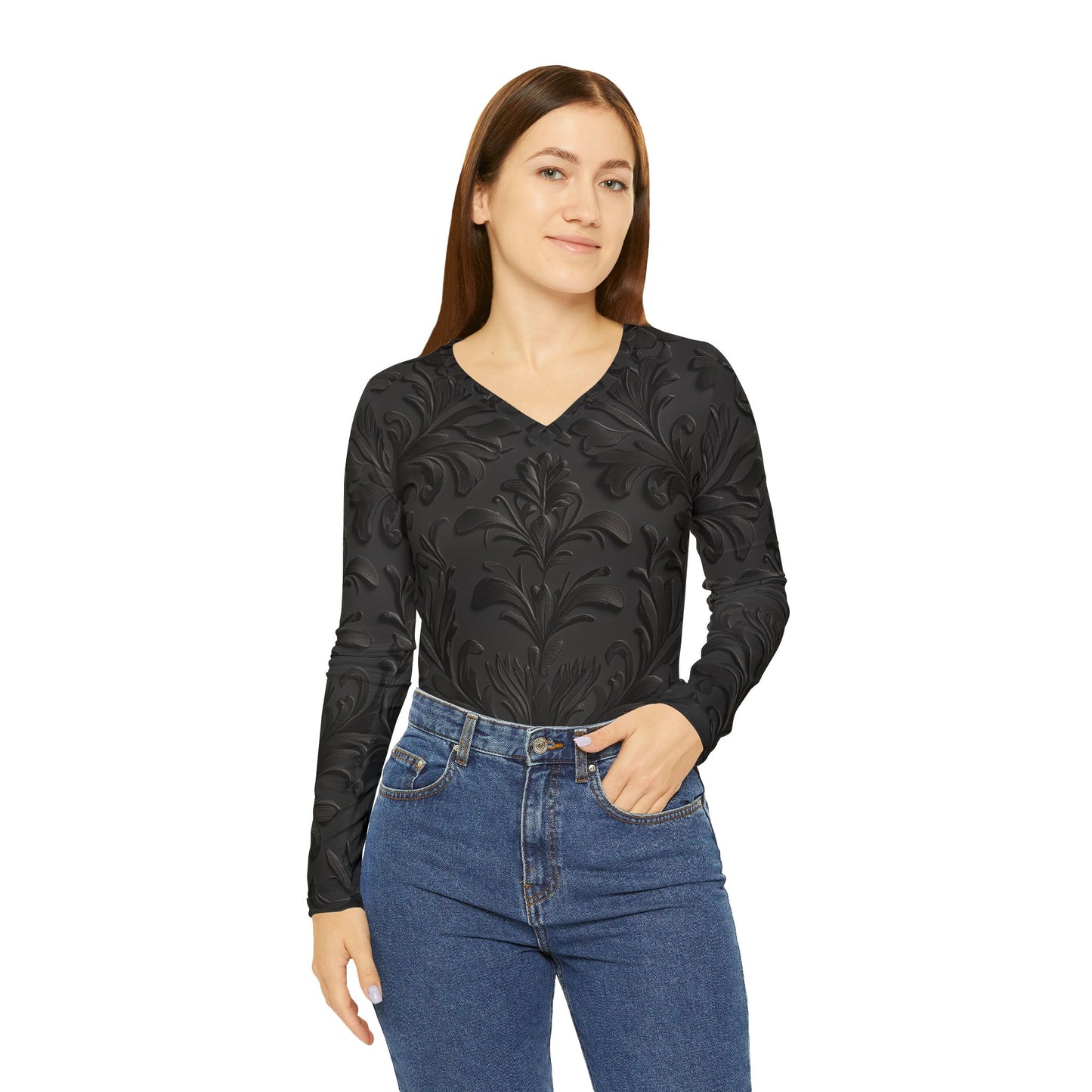 Damask Print Long Sleeve V-neck Shirt