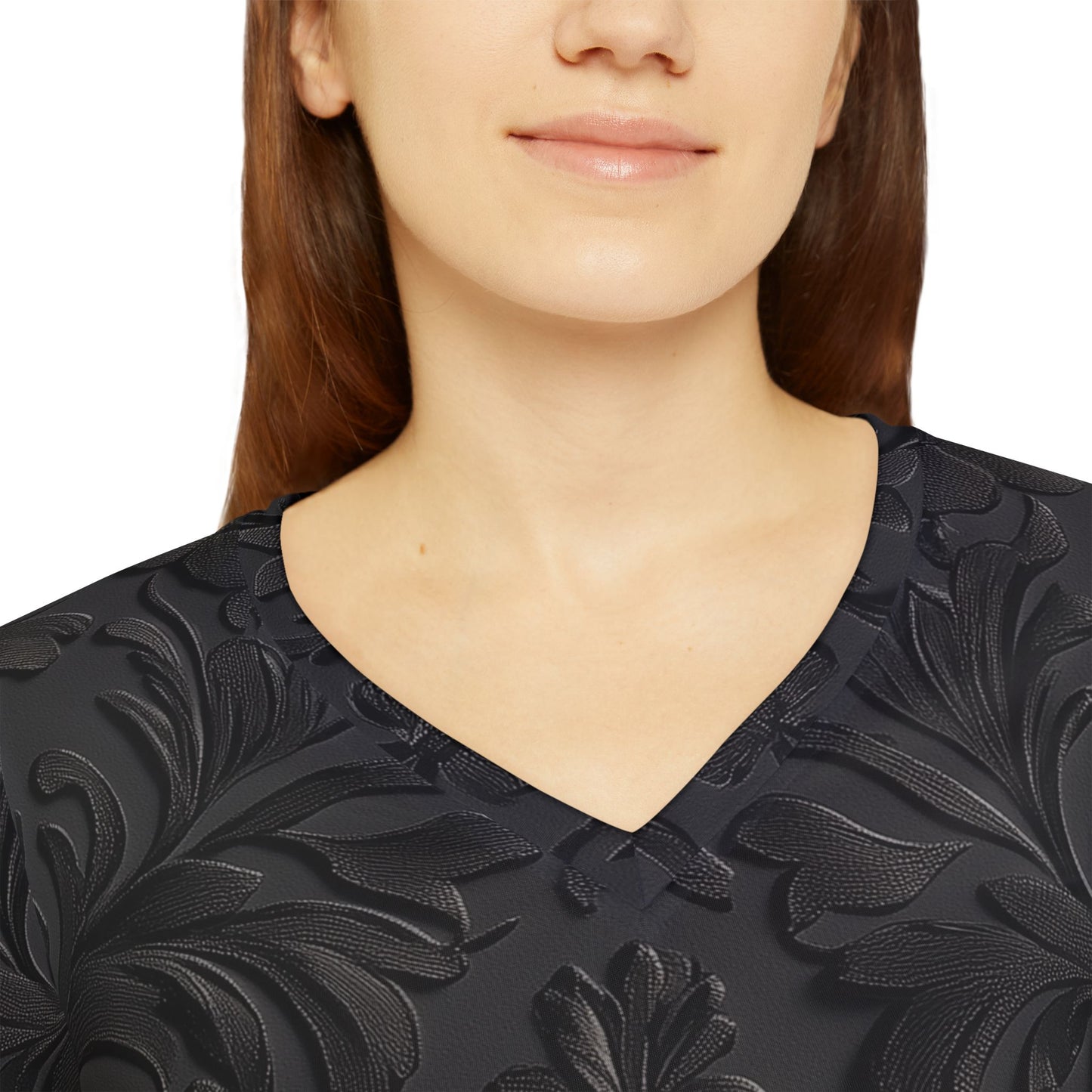 Damask Print Long Sleeve V-neck Shirt