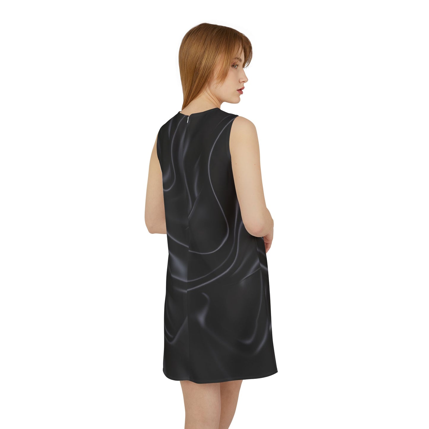 Black Silk Print A-line Sleeveless Dress