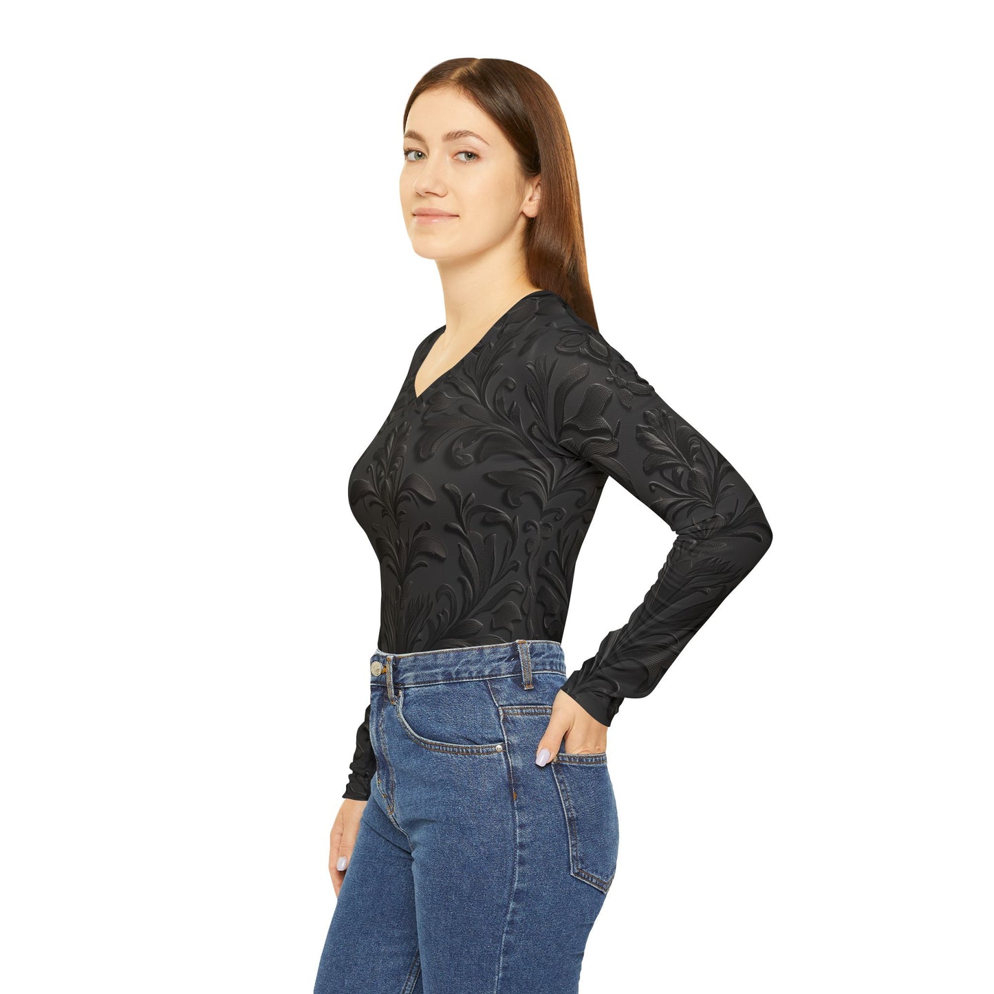Damask Print Long Sleeve V-neck Shirt